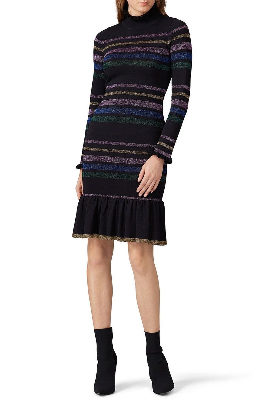 Shoshanna Evette Black Striped Knit Long Sleeve Ruffle Mock Neck Sweater Dress S - Picture 1 of 14